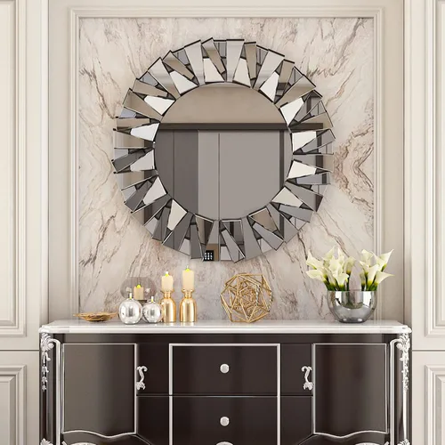 Miniatura 5 de Espejo Decorativo Redondo Plateado: 31.5 in Pared Vanity-Mirror Biselado Elegante espejo de cristal circular para baño con elegantes bordes