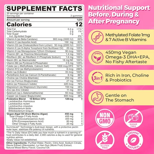 Miniatura 2 de NEVISS Vitaminas prenatales para mujeres, gomitas multivitamínicas con metilfolato de 1 mg, colina omega-3 (DHA+EPA) hierro + citicolina 1000 mg