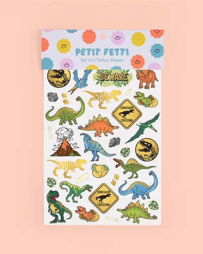 Miniatura 8 de xo, Fetti Tatuajes temporales de dinosaurios – Lámina dorada, 44 piezas Suministros para fiestas de cumpleaños jurásicas para niños, recuerdo