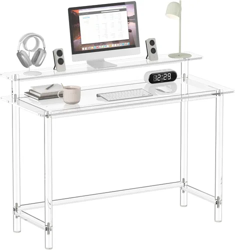 Miniatura 8 de Eglaf Escritorio acrílico para oficina en casa con soporte para monitor, escritorio moderno y transparente, mesa de estudio, escritorio