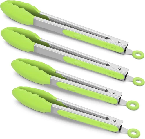 Miniatura 10 de Paquete de 4 pinzas de cocina negras, de silicona de alta calidad, sin BPA, antiadherentes, acero inoxidable, para barbacoa, para cocinar, asar a