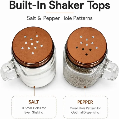 Miniatura 5 de Mason Jar - Juego de saleros y pimenteros de 4 onzas con asas, tapas de tono cobre, estilo rústico, estilo granja, cocina, comedor