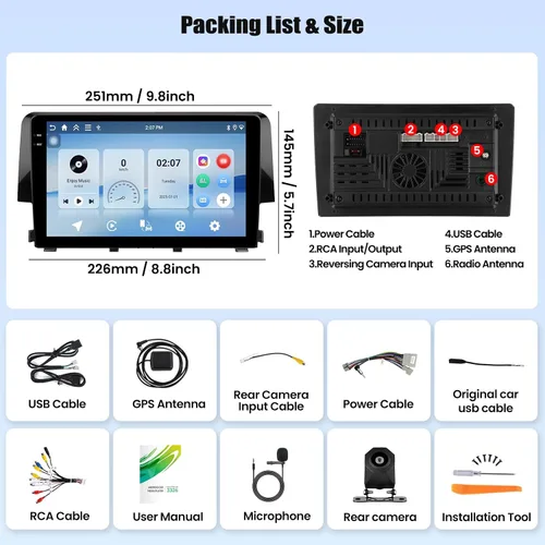 Miniatura 9 de Android 15 4+128G Estéreo de coche para Honda Civic 2016-2021 con Carplay inalámbrico Android Auto, 9 pulgadas Incell 1280 * 720 Unidad principal
