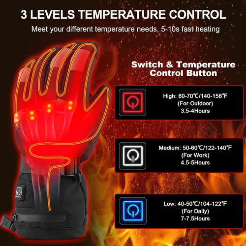 Miniatura 3 de Guantes térmicos para hombre con batería 7.4 V 4000 mAh recargable, guantes eléctricos para esquí, motocicleta, pantalla táctil, impermeable, cálido