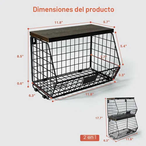 Miniatura 7 de Goozii - 2 paquetes de cestas de frutas colgantes de pared para encimera de cocina, cestas de alambre apilables para organizar con tapa de madera