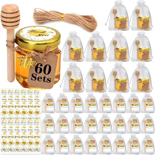 Miniatura 8 de XING-RUIYANG Mini tarros hexagonales de miel de 1.5 onzas, paquete de 30 tarros de miel con tapa dorada, colgantes de abeja, yutes, perfectos