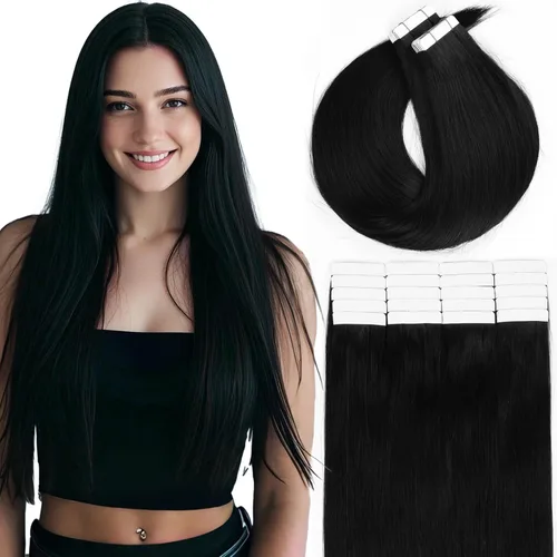 Loxxy Extensiones adhesivas de cabello humano de 12 pulgadas, extensiones de cabello humano real color negro azabache, con cinta adhesiva de trama