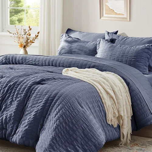 Miniatura 19 de Zzlpp Juego de edredón King de 7 piezas, ropa de cama de seersucker naranja quemado en una bolsa con sábanas, juegos de ropa de cama ligeros con 1