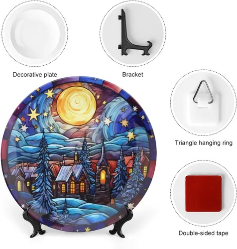 Miniatura 3 de Winter Village - Platos decorativos de noche de luna para decoración del hogar, platos de cerámica con diseño de vitrales para sala de estar, Noche