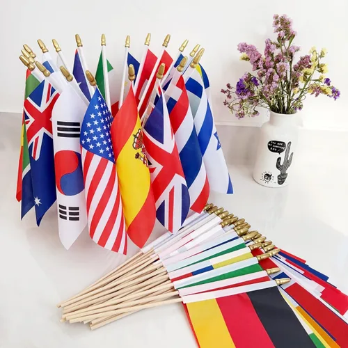 Miniatura 6 de Banderas internacionales de 100 países en palo de madera, pequeñas banderas de mano para eventos deportivos, festival internacional, 5 x 8 pulgadas