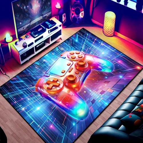 Miniatura 11 de Alfombra de área de juego para adolescentes, alfombra de 3D transparente con diseño de gamepad y controlador de juego de fondo de bomba colorida