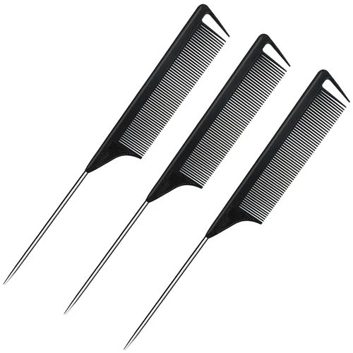 Miniatura 8 de Peines de cola de rata, 3 unidades, peines de separación para trenzar el cabello, fibra de carbono, resistente al calor, antiestático, para Rosado