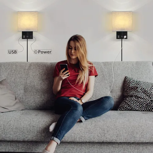 Miniatura 5 de CADUKE Juego de 2 lámparas de pared para mesita de noche, aplique de pared enchufable con puerto de carga USB y salida de CA, lámpara de pared Negro