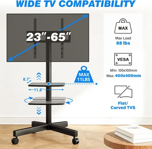 Miniatura 2 de Rfiver Carrito de TV móvil para televisores de pantalla plana LCD LED de 23 a 60 pulgadas de hasta 88 libras, altura ajustable, estante rodante
