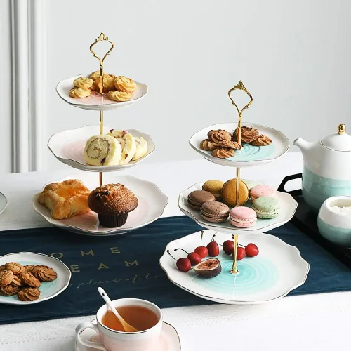Miniatura 4 de Sweejar Soporte de cerámica para tartas de 3 niveles, soporte para postres, soporte para cupcakes, bandeja para servir pasteles de fiesta de té