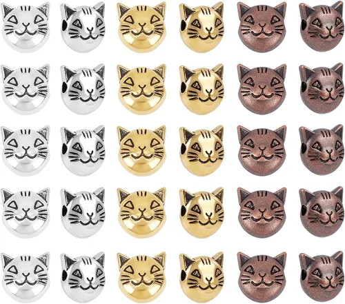PH PandaHall 120 cuentas espaciadoras de gato de 3 colores, cuentas sueltas de gatito tibetano, cuentas de metal para aretes, pulseras, collares,
