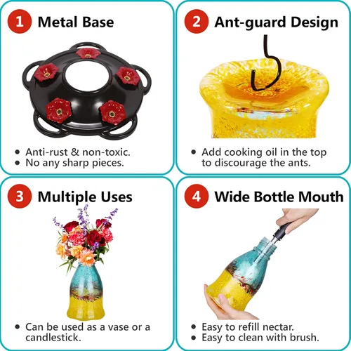 Miniatura 5 de LUJII Comederos para colibríes para exteriores a prueba de hormigas, comedero de colibríes de vidrio soplado hecho a mano para exteriores con gancho