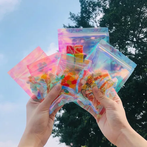 Miniatura 2 de Bolsa de embalaje resellable holográfica rosa transparente con cremallera para almacenamiento de alimentos, brillo de labios, pestañas, joyas