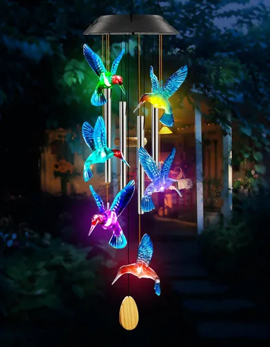Regalos de cumpleaños para mujeres, mamá, abuela, campanillas de viento de colibrí Purtuemy con 4 tubos de aluminio, campanillas de viento solares