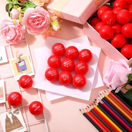Miniatura 4 de Shappy 72 bolas inspiradoras para aliviar el estrés, bolas motivacionales de poliuretano a granel para adultos, terapia pequeña, juguetes para Rojo
