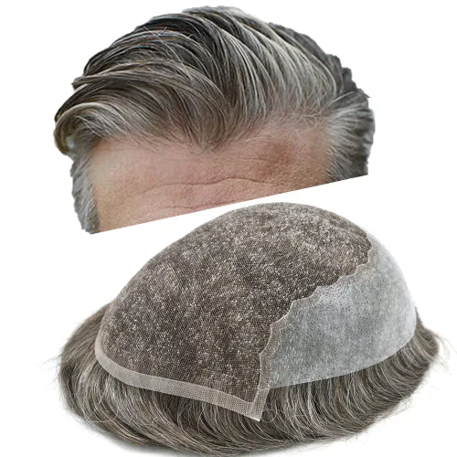 Miniatura 30 de Toupee para hombres, sistemas de reemplazo de cabello francés, encaje frontal, nudos blanqueados, línea capilar natural, encaje con piezas
