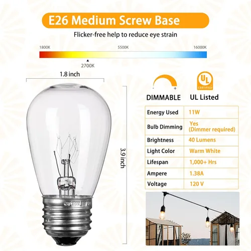 Miniatura 2 de Paquete de 26 bombillas S14, bombillas de vidrio incandescentes de repuesto de 11 W con base mediana E26 para exteriores, patio, jardín, tira