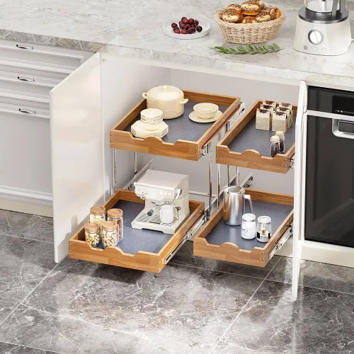 Miniatura 4 de OCG Organizador de gabinete extraíble de 2 niveles (20" de ancho x 21" de profundidad), estante de cajón de madera deslizante de servicio pesado