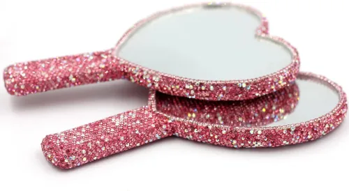 Miniatura 5 de Espejo de mano con forma de corazón con diamantes de imitación, espejo de maquillaje portátil y deslumbrante para retoques sobre la marcha