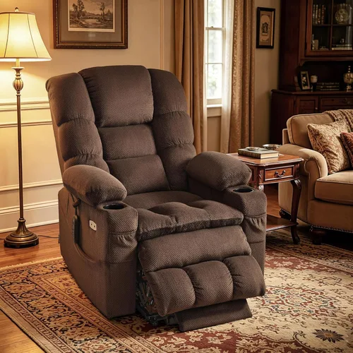 Miniatura 6 de MCombo Sillón Reclinable Grande con Triple Motor de Elevación Eléctrica con Masaje y Calefacción Doble, Reposacabezas Ajustable para Personas Café