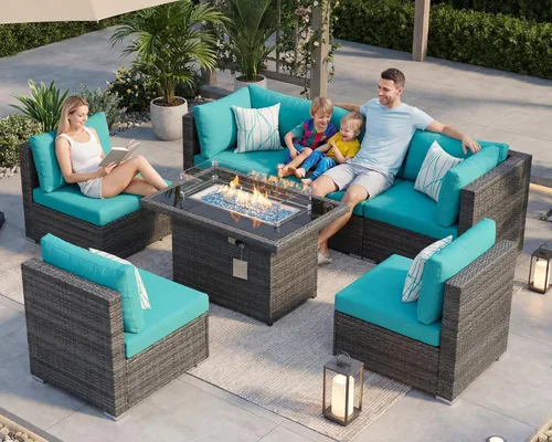 Miniatura 31 de BULEXYARD Juego de 7 piezas de sofá seccional para exteriores con respaldo alto, mesa para fogatas, juego de muebles de patio de mimbre resistente a