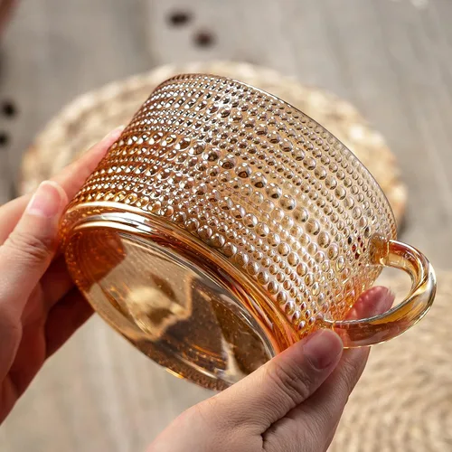 Miniatura 6 de Gezzeny Tazas de café vintage de 14 onzas, juego de 2 tazas de té de vidrio en relieve ámbar para capuchino, café con leche, cereales, yogur