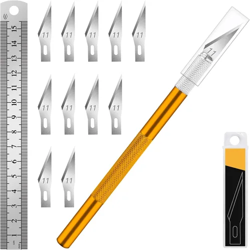 Miniatura 20 de DIYSELF 1 Pieza Cuchillo de Manualidades Cuchillo de Hobby con Kit de 11 Piezas Cuchillas de Acero Inoxidable, 1 Regla de Acero de 15CM para Arte