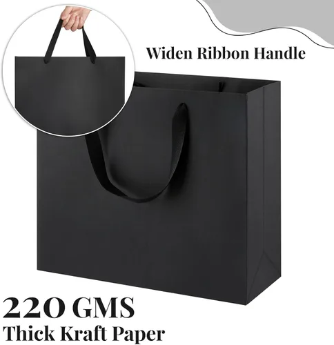 Miniatura 4 de Ohuimrt 6 bolsas grandes de regalo negras con asas, 12.5 x 4.5 x 11 pulgadas, bolsas de papel negro mate de alta calidad para fiestas, compras