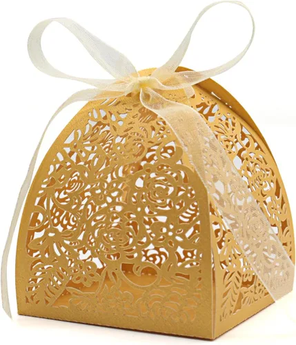 KPOSIYA - 70 Cajas para dulces, cortadas con láser, 2.5 x 2.5 x 3.1 pulgadas, cajas de regalo para despedidas de soltera, cumpleaños o boda oro