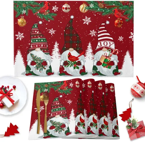Miniatura 29 de Juego de 1 mantel individual gris de Navidad, manteles individuales de enanos de invierno y cardenales antideslizantes, manteles individuales