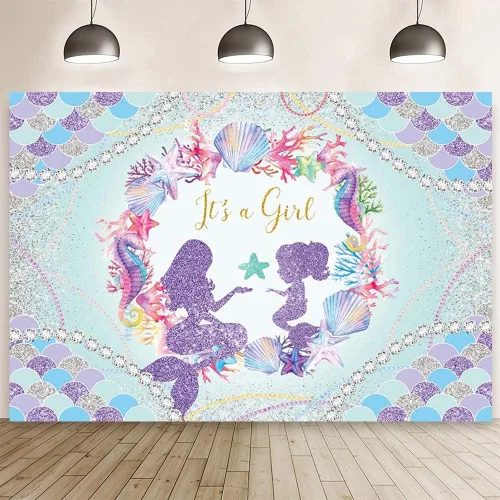 MEHOFOND Telón de fondo para baby shower con tema de sirena de 8 x 6 pies para niñas, con texto en inglés "It's a Girl", fondo de fotografía de baby