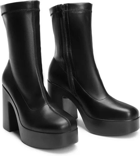 Miniatura 3 de DREAM PAIRS Botines Gogo de plataforma para mujer, tacón alto y grueso, punta cuadrada, botines