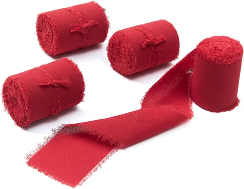 Miniatura 49 de 4 rollos de cinta de gasa de gasa con flecos de 1 pulgadas de ancho x 5 yardas, color rojo óxido, bordes deshilachados para invitaciones de boda