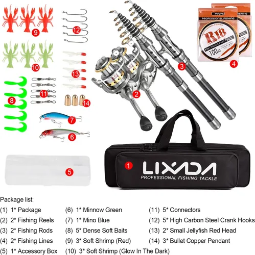 Miniatura 2 de Lixada Juego de 2 cañas de pescar de 1.5/1.8/2.1/7.9 ft, carrete de caña telescópica de fibra de carbono, carrete de pesca con ganchos, señuelos