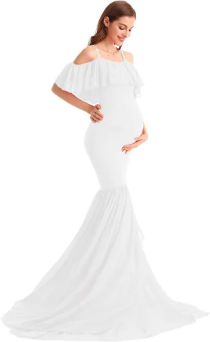 Miniatura 41 de MYRISAM Vestido de maternidad con volantes y hombros descubiertos para mujer, vestido de fiesta de sirena de gasa, vestido ajustado