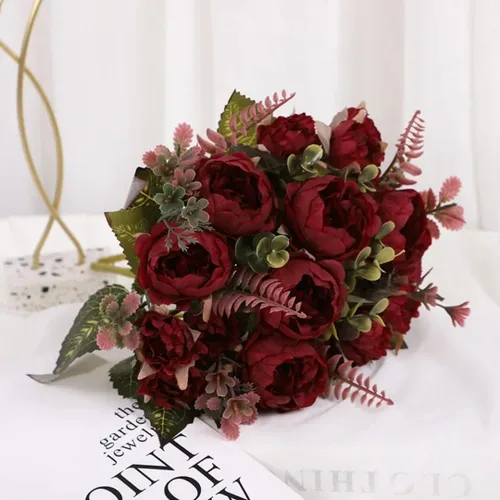 Miniatura 6 de Ramo de boda artificial de peonía de 9 cabezas para el hogar, flores artificiales para decoración del hogar (rosa champán)