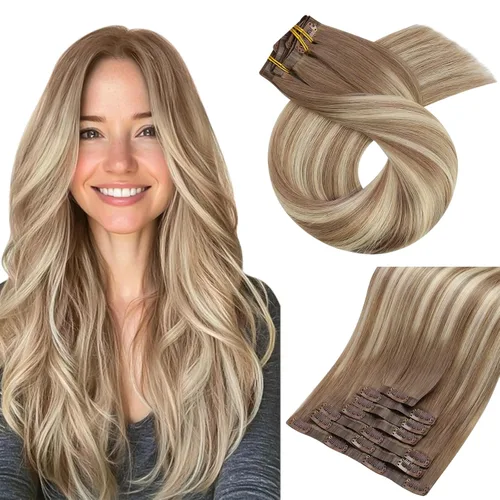 Miniatura 67 de Moresoo Extensiones de cabello humano Remy con clip, color rubio platino, extensiones de cabello humano real de doble trama, color rubio #60, 18