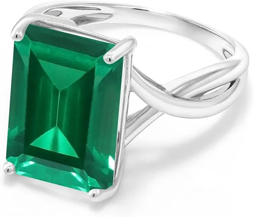 Miniatura 2 de Gem Stone King Anillo de compromiso de esmeralda simulada de oro blanco de 10 quilates para mujer