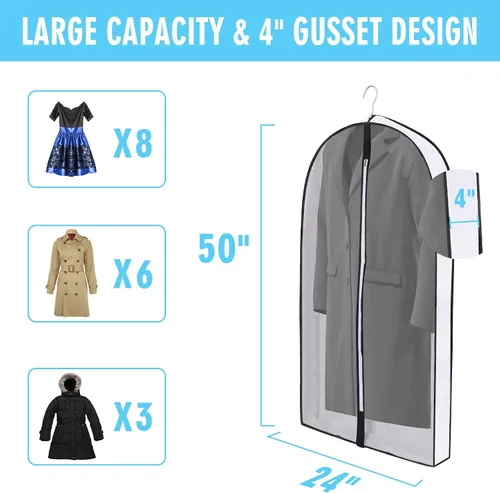 Miniatura 2 de Bolsas de ropa de 50 pulgadas para colgar ropa, fundas transparentes a prueba de trajes con refuerzos de 4 pulgadas para almacenamiento en armario