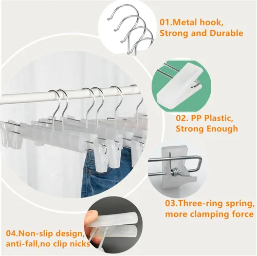Miniatura 4 de Perchas para faldas, paquete de 20 unidades, perchas para pantalones con clips, gancho giratorio de 360°, perchas que ahorran espacio