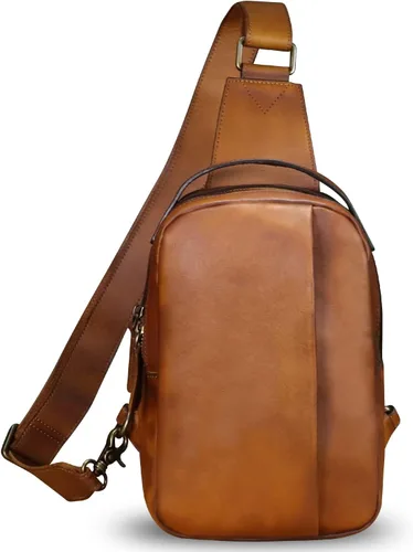 Miniatura 2 de LRTO Bolso de cuero genuino para hombres y mujeres, mochila bandolera de cuero real para el pecho, bolso cruzado, Marrón, Mochilas Sling