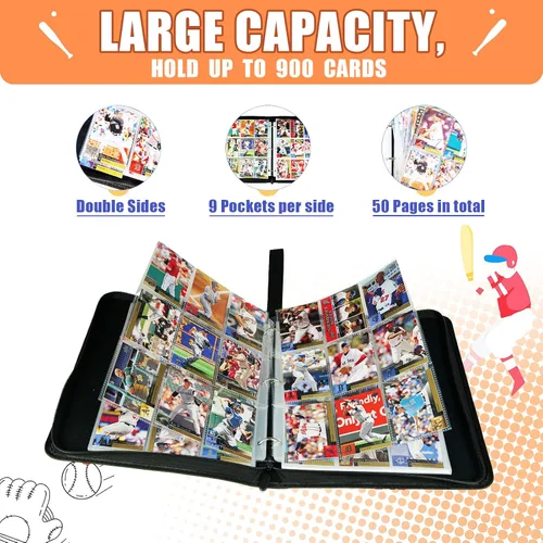 Miniatura 2 de Carpeta de tarjetas de regalo de béisbol con mangas, 9 bolsillos, doble cara, 50 fundas extraíbles, 900 tarjetas coleccionables, colección de Blanco