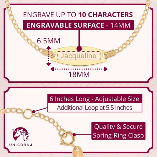 Miniatura 8 de UNICORNJ Pulsera de identificación de oro de 14 quilates grabable para niñas, niños y bebés, pulseras personalizadas con nombre de cadena Figaro