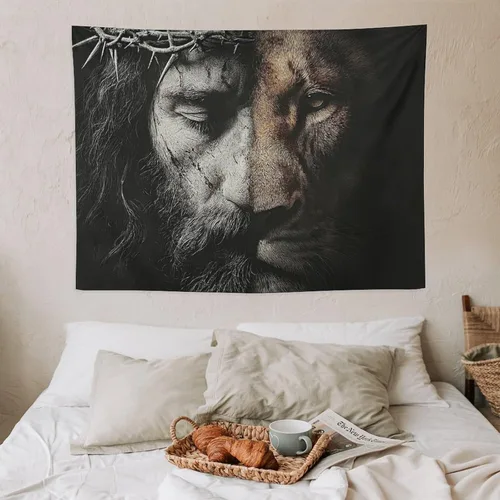 Miniatura 7 de JYOUQOC Tapiz de Jesús y el León para decoración de pared, arte de pared grande, telón de fondo para colgar para dormitorio, sala de estar