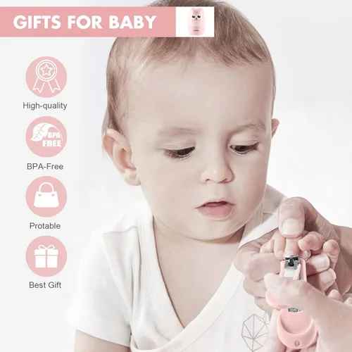 Miniatura 4 de Cortauñas para bebé, kit de uñas seguro 4 en 1 con bonito estuche, cortaúñas, tijeras, pinzas, juego de lima de uñas para recién nacidos, bebés, Rosa
